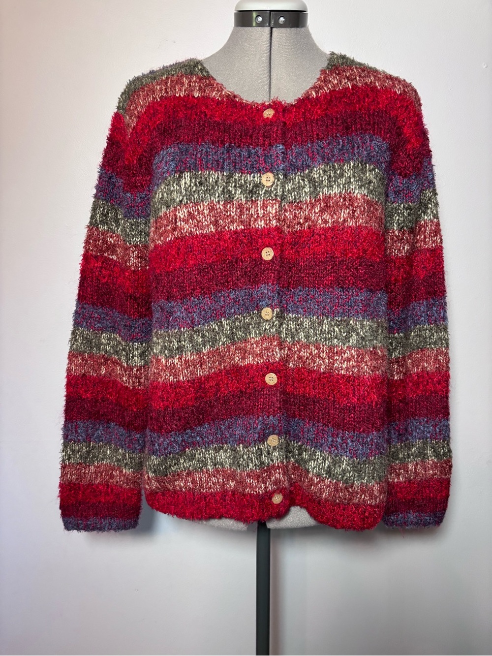 Christopher & Banks Red Multi-Stripe Fuzzy Button Cardigan - large
